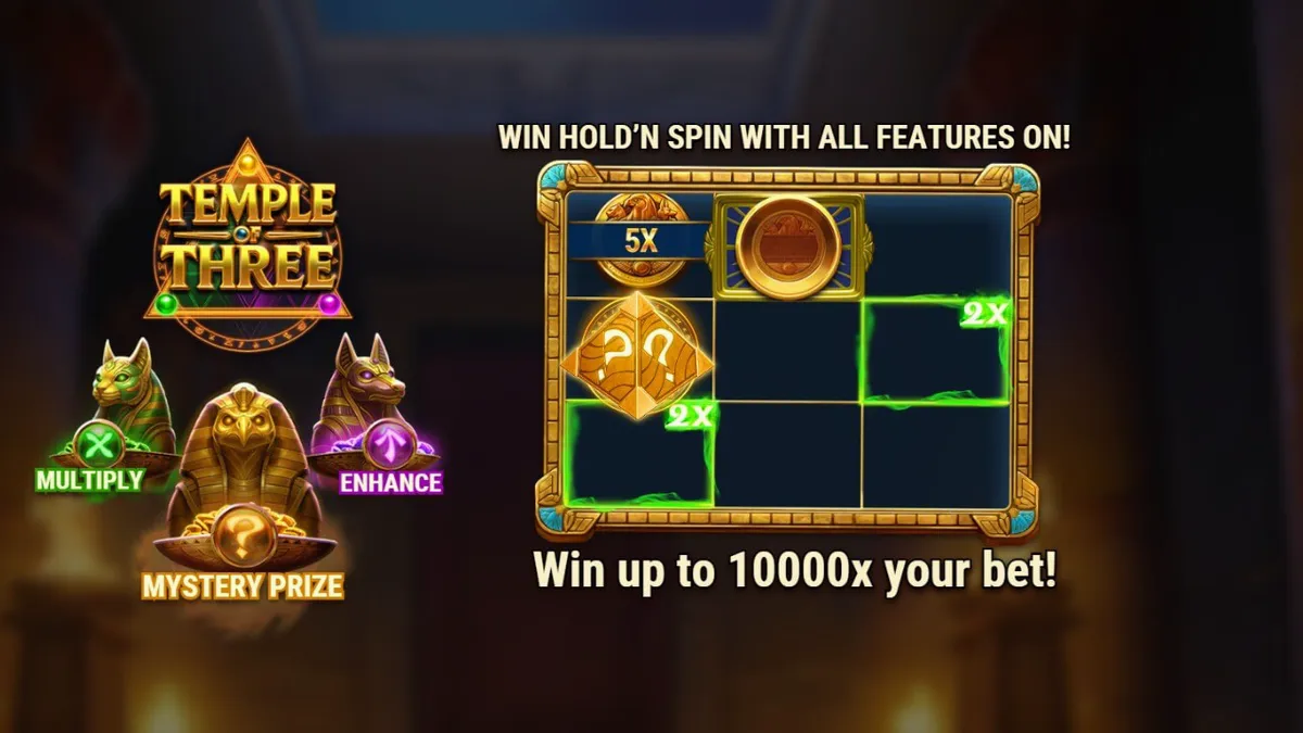 Temple of Three slot game interface featuring Egyptian deities and golden coins